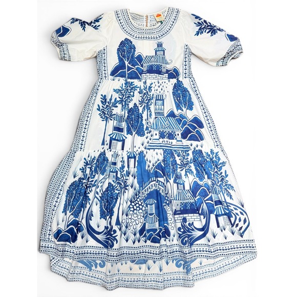 FARM Rio Dresses & Skirts - Farm Rio Ancient Garden Blue White Cotton Poplin Midi Dress L Cottagecore